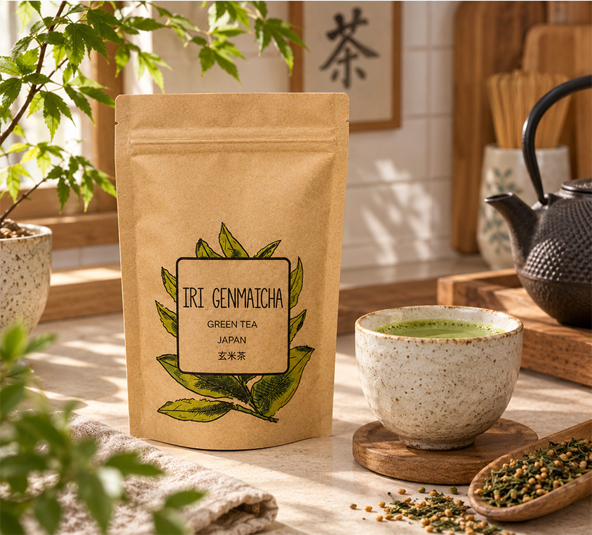 Iri Genmaicha Leo Tea – japońska zielona herbata z matchą i prażonym ryżem w doypacku 250g